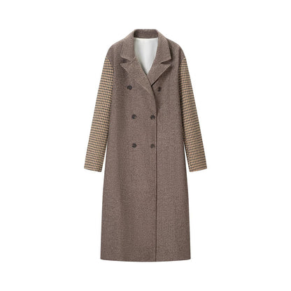 Women's elegant long coat with double-breasted, contrast sleeves and Glencheck details EVA-US