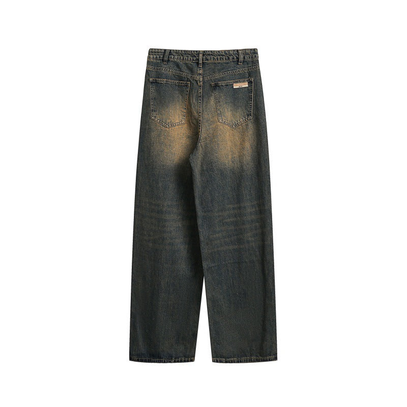 Women's loose high-waist relaxed jeans with vintage fading and straight leg EVA-US