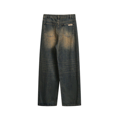 Women's loose high-waist relaxed jeans with vintage fading and straight leg EVA-US