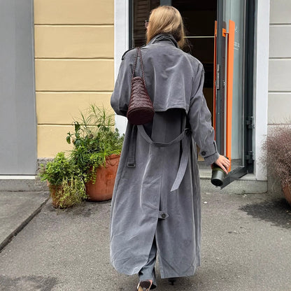 Women's Maxi Long Oversized Trench Coat made of soft velour with shoulder patches and double-breasted button placket EVA-US