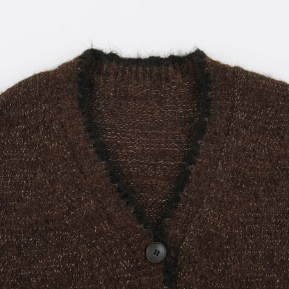 Women's Oversize Knit Cardigan with V-Neck, Button Placket and Contrasting Decorative Edges EVA-US