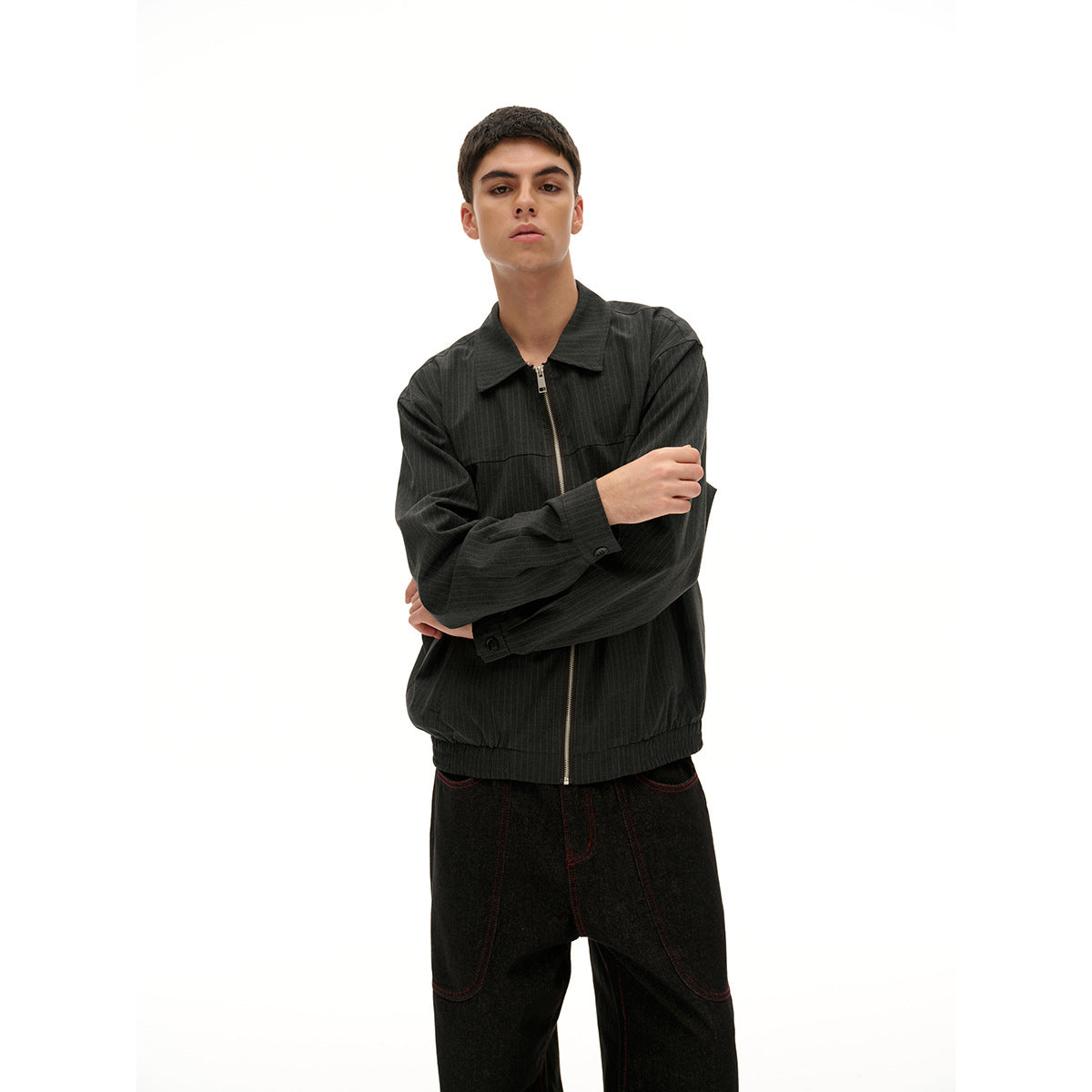 Unisex Short Cut Pinstripe Blouson Jacket with Contrasting Shirt Collar and Full Zipper EVA-US