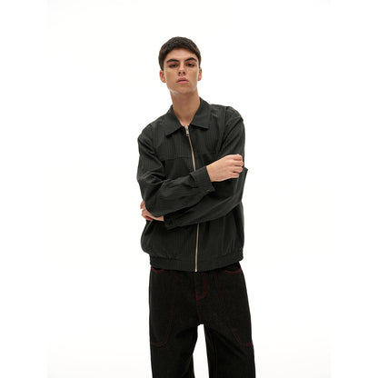 Unisex Short Cut Pinstripe Blouson Jacket with Contrasting Shirt Collar and Full Zipper EVA-US