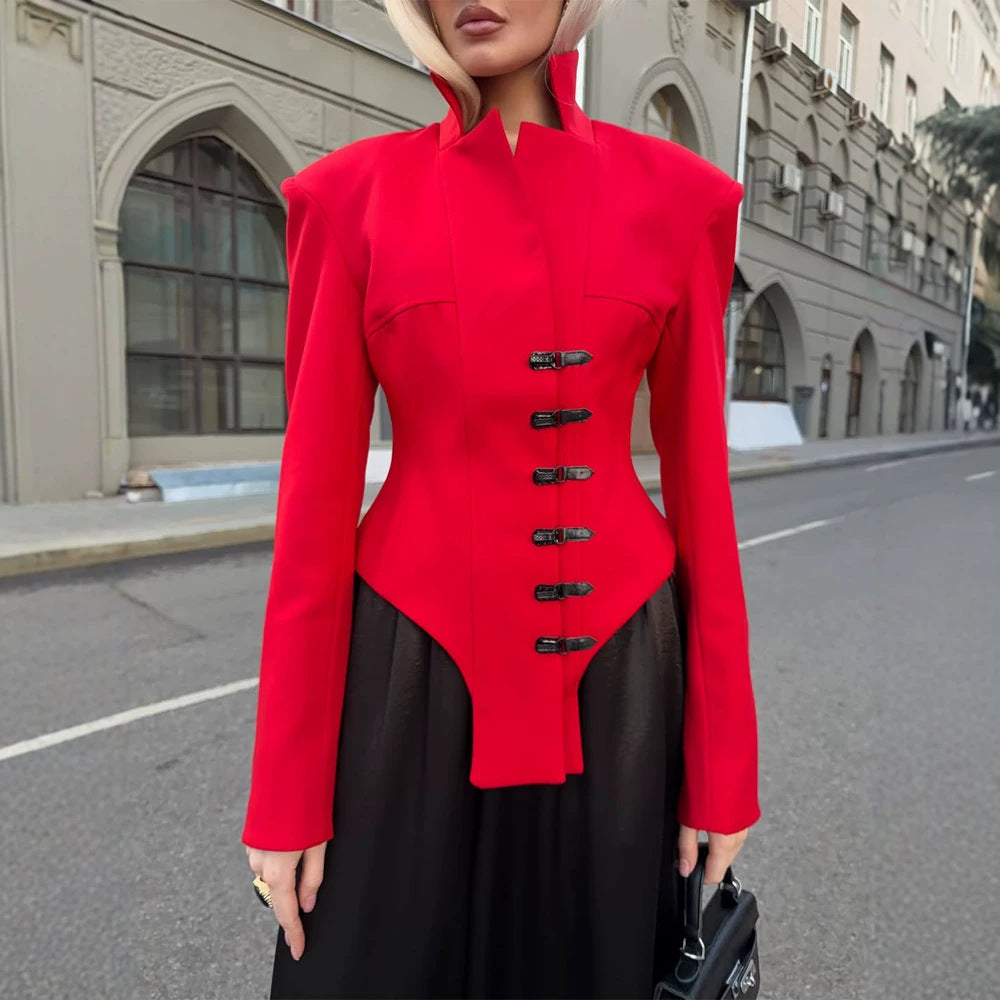 Women Tailored Stand Collar Blazer with Corset Tailoring EVA-US