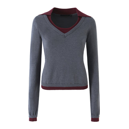 Women’s Two-Piece Fine Knit Set with V-Neck, Contrasting Collar and Pleated Mini Skirt EVA-US