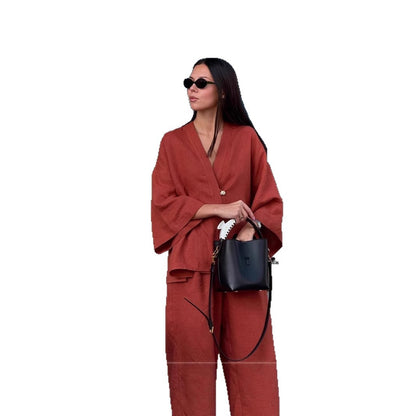 Women Casual Linen Look Two Piece with Kimono Blazer and Wide Palazzo Pants EVA-US