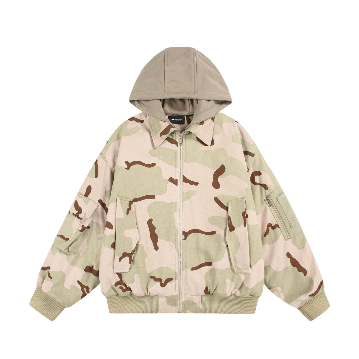 Unisex Oversize Cargo Bomber Jacket with Hood and Patches Utility Pockets EVA-US