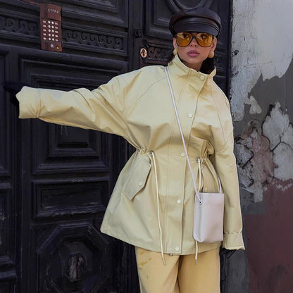 Women's Oversized Rain Jacket with Drawstring Waist, High Stand Collar & Flap Pockets EVA-US