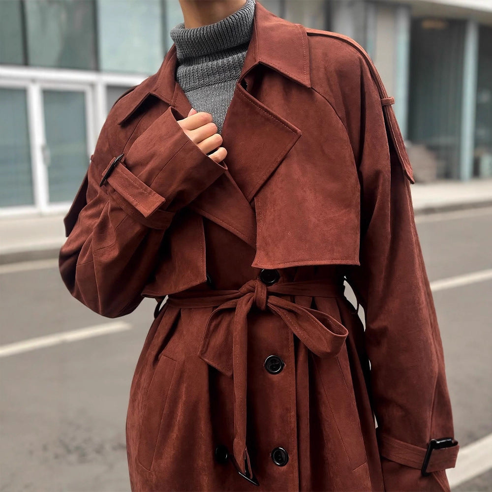 Women's long trench coat made of suede imitation with double button placket EVA-US