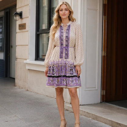Women's chiffon mini dress with ties, balloon sleeves, and embroidered trim EVA-US