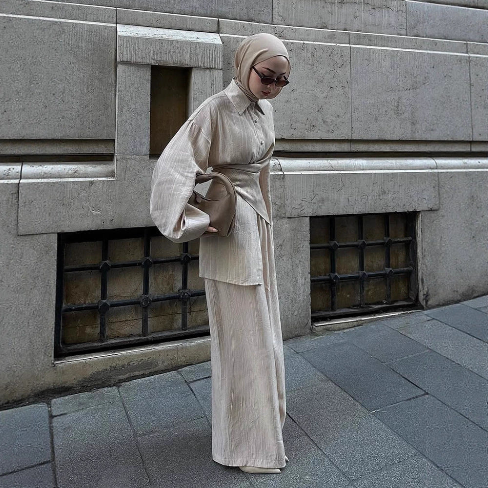 Women's casual tunic set with wrap belt and wide palazzo pants EVA-US