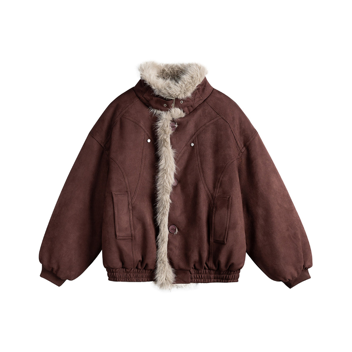 Women's boxy bomber jacket made of faux suede with a voluminous faux fur collar EVA-US