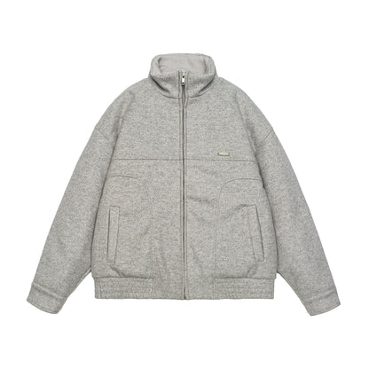 Men's short-cut boxy wool fleece jacket with high stand-up collar and full-length zipper EVA-US