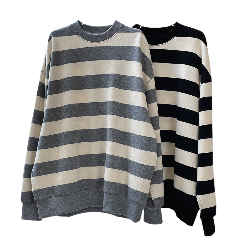 Women’s Oversized Cotton Blend Knit Sweater with Wide Block Stripes and Dropped Shoulder EVA-US