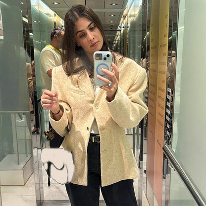 Women Tailored Structured Blazer with V-Neck and Emphasized Shoulder Area EVA-US