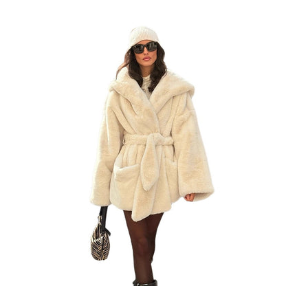 Women's Oversize Teddy Coat with Extra Large Shawl Collar and Wrap Belt EVA-US