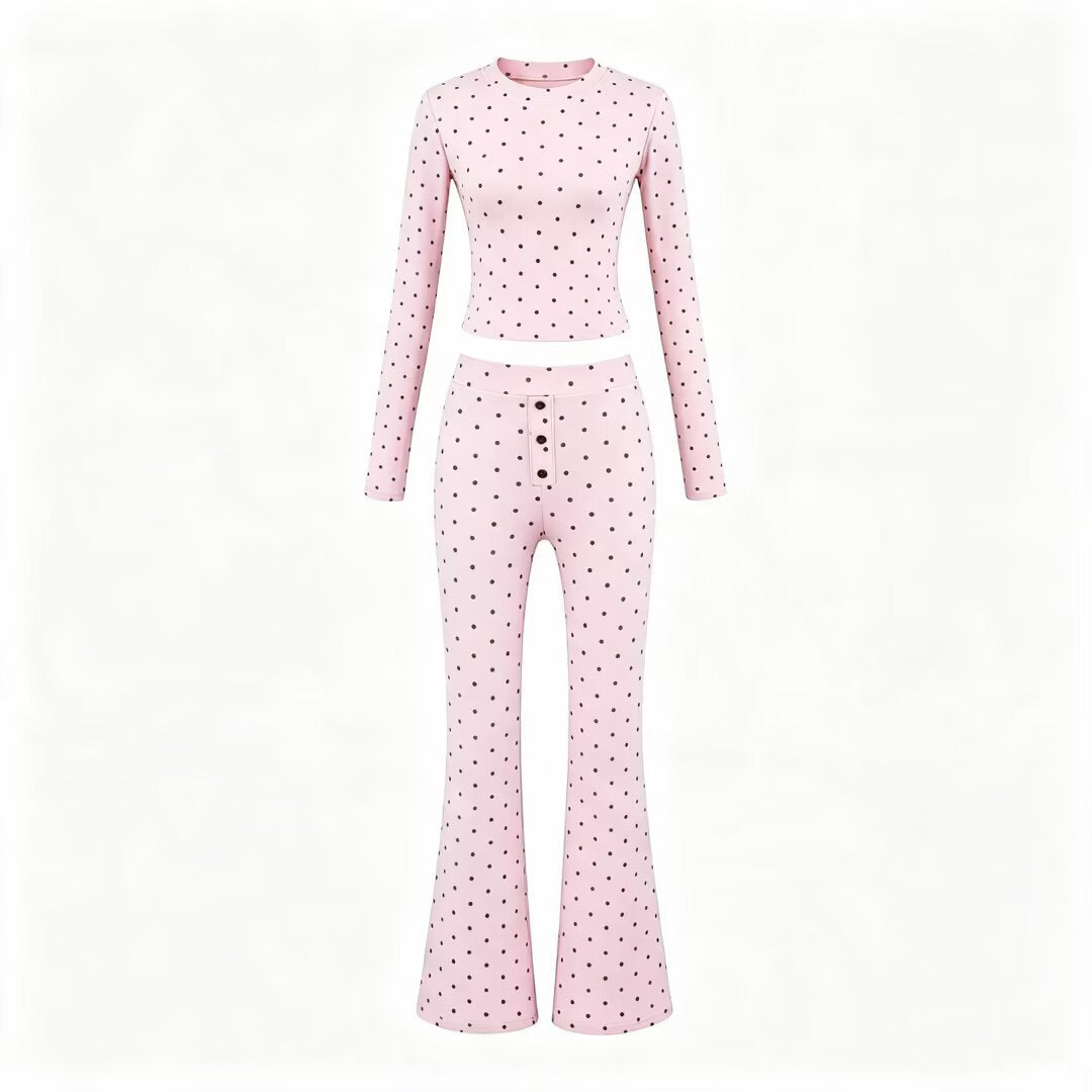 Women Two-Piece Stretch Jersey Lounge Set with Cropped Long Sleeve and High-Waist Flared Pants EVA-US