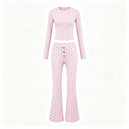 Women Two-Piece Stretch Jersey Lounge Set with Cropped Long Sleeve and High-Waist Flared Pants EVA-US