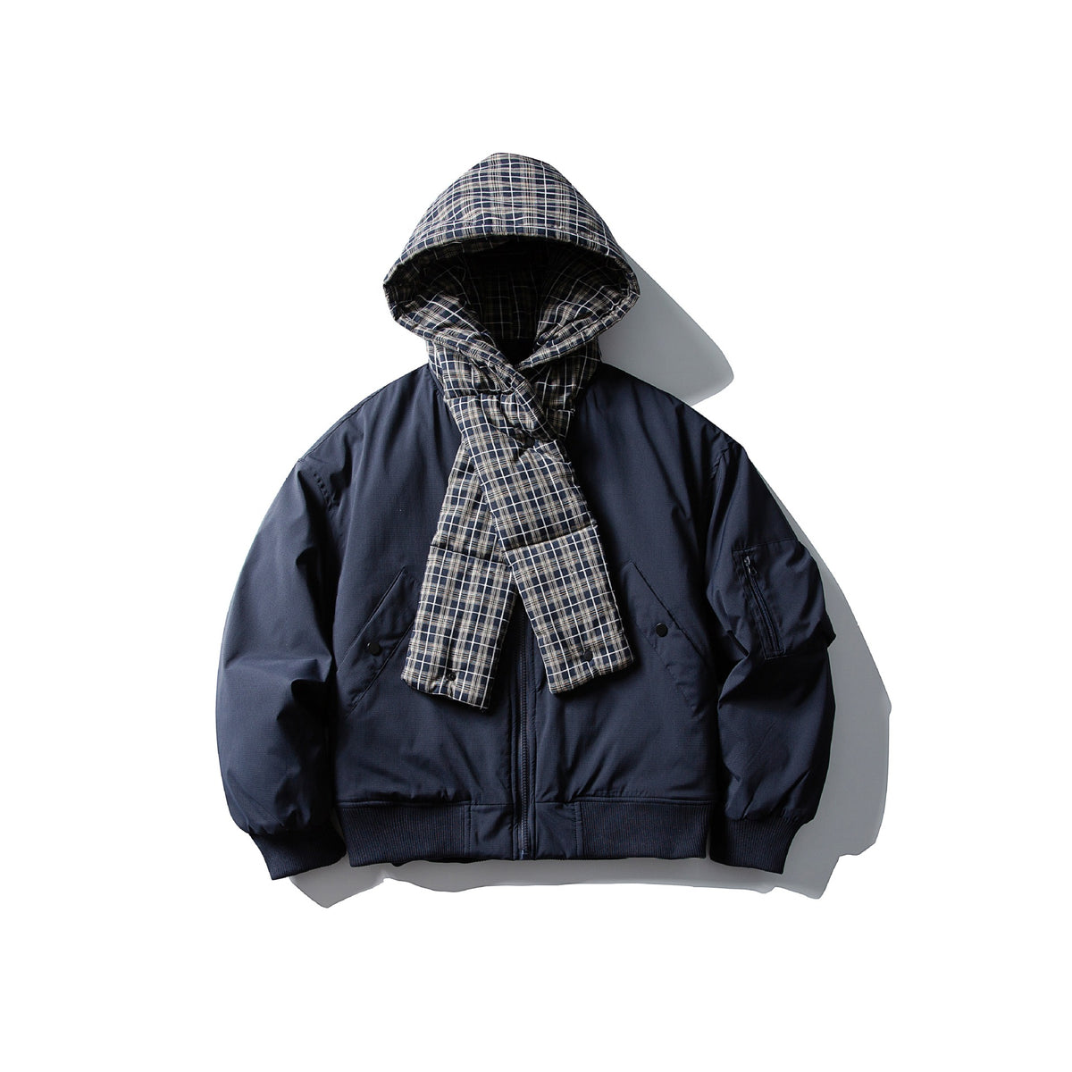 Men's Windproof Bomber Jacket with Quilted Checkered Hood and Integrated Scarf EVA-US
