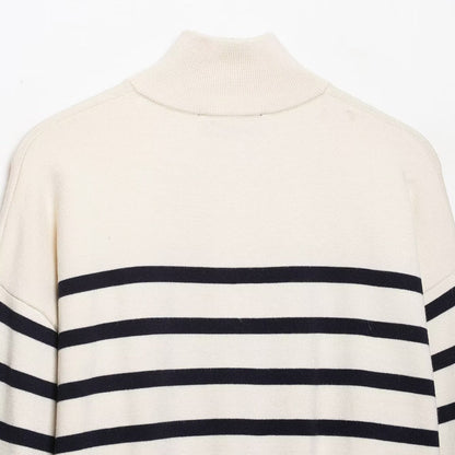 Women's Cropped Boxy Knit Sweater with Half Zipper, Stand Collar and Wide Stripes