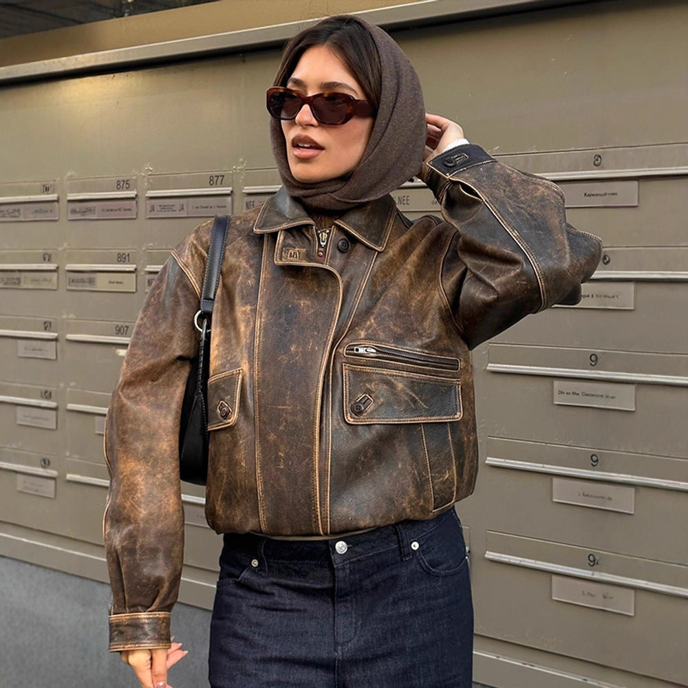 Women Vintage-Inspired Oversize Leather Bomber Jacket with Used Look EVA-US