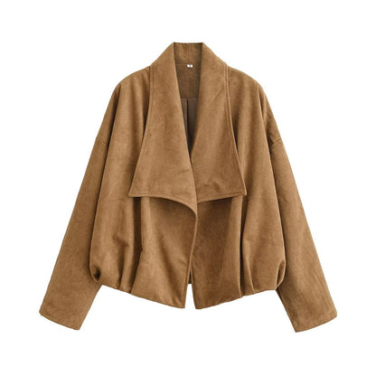 Women's short jacket in suede look with waterfall collar and ballooned hem EVA-US