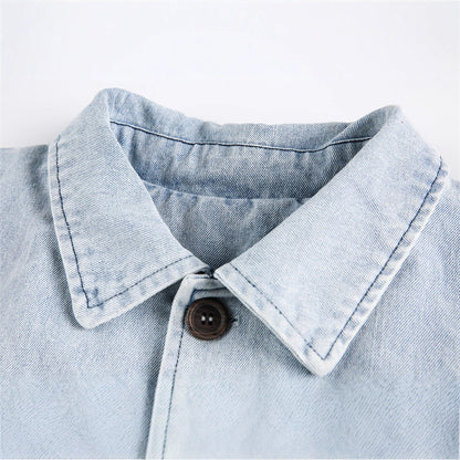 Unisex Lightweight Oversized Denim Jacket with Shirt Collar, Elastic Hem and Raglan Sleeves EVA-US