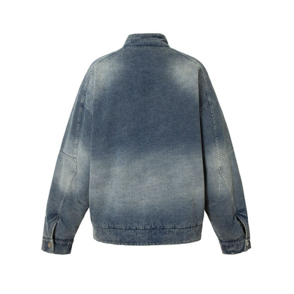 Men's jeans bomber jacket with vintage wash, patch detail and stand-up collar EVA-US