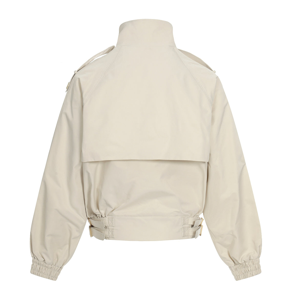 Women's short-cut boxy trench coat with high funnel collar, shoulder flaps, and adjustable waist belt EVA-US