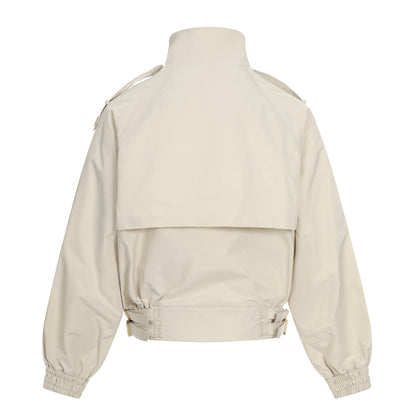 Women's short-cut boxy trench coat with high funnel collar, shoulder flaps, and adjustable waist belt EVA-US