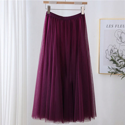 Women Tulle Skirt Layered Floor-Length A-Line Elastic Waistband