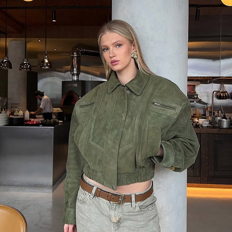 Women's Short Suede Bomber with Elastic Waist and Dropped Shoulder EVA-US