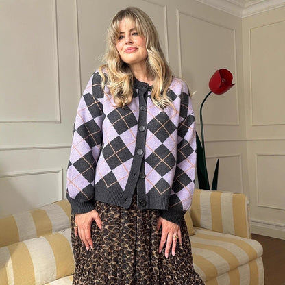 Women's argyle cardigan with boxy silhouette and large button placket EVA-US