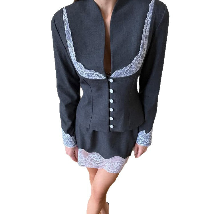 Women Fitted Blazer and Mini Skirt Set with Lace Trim EVA-US