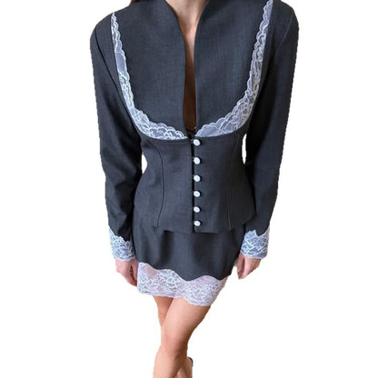 Women Fitted Blazer and Mini Skirt Set with Lace Trim EVA-US