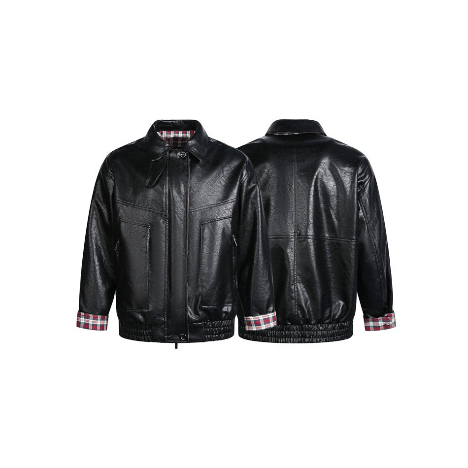 Men's Short Faux Leather Pilot Style Blouson Jacket with Checked Lining EVA-US