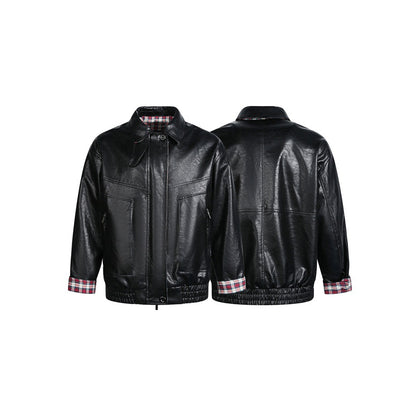 Men's Short Faux Leather Pilot Style Blouson Jacket with Checked Lining EVA-US