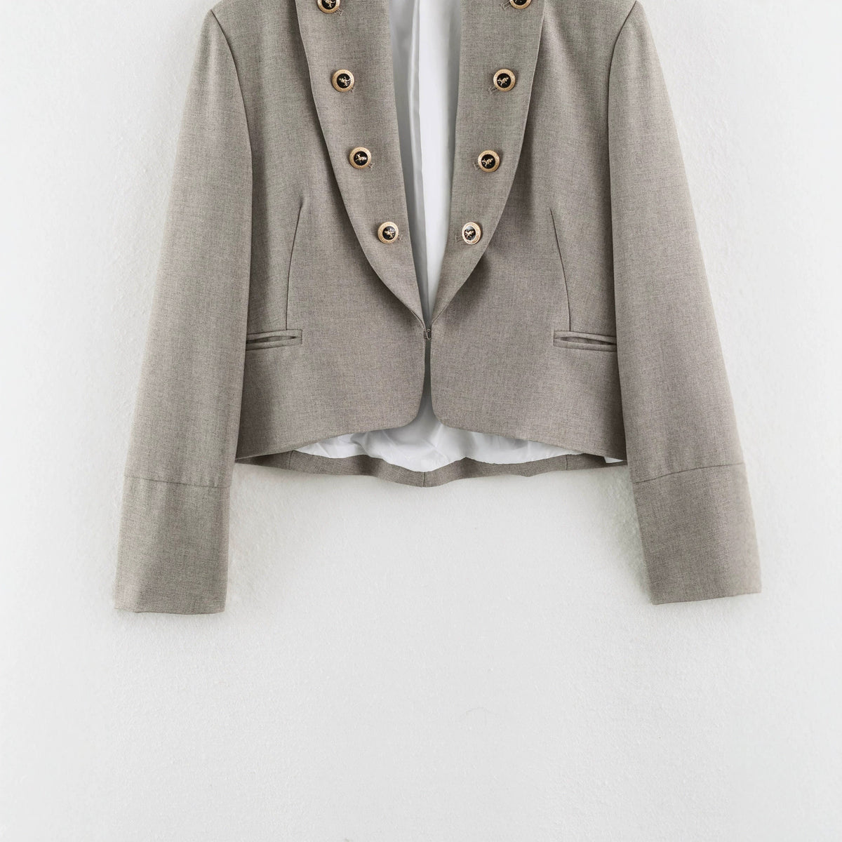 Women Cropped Military Blazer with Stand Collar, Double-Breasted Decorative Button Placket and Tailored Fit EVA-US