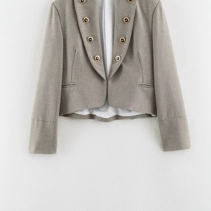 Women Cropped Military Blazer with Stand Collar, Double-Breasted Decorative Button Placket and Tailored Fit EVA-US