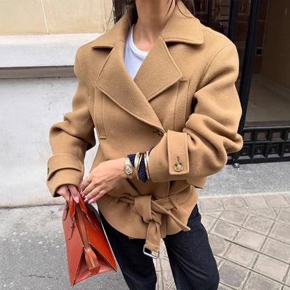 Women's Tailored Wool Blend Short Coat with Tie Belt, Wide Lapels and Button Cuffs EVA-US