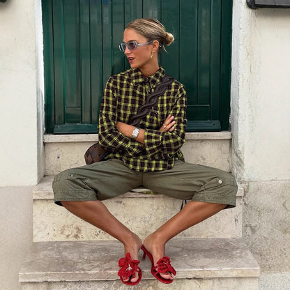 Women's Checked Shirt Blouse with Drawstring Waist and Loose Fit EVA-US