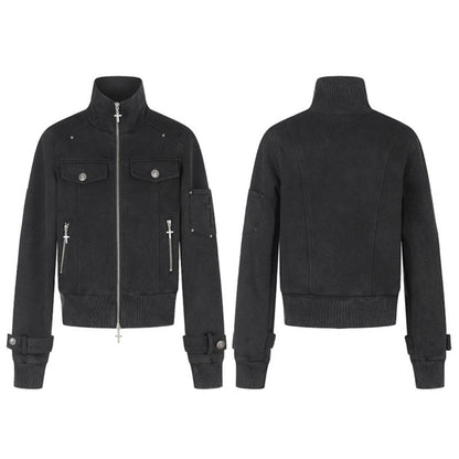 Women Tailored Zip Jacket with High Stand-Up Collar, Decorative Straps & Adjustable Closures EVA-US