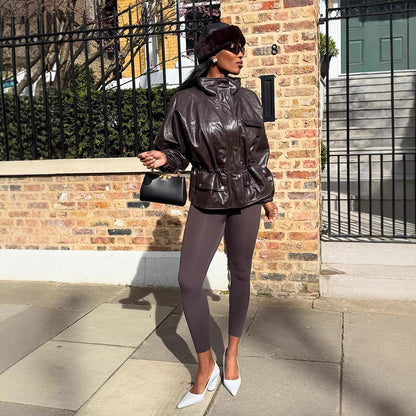 Women's Oversize Faux Leather Blouson with High Stand-Up Collar and Drawstring Waist