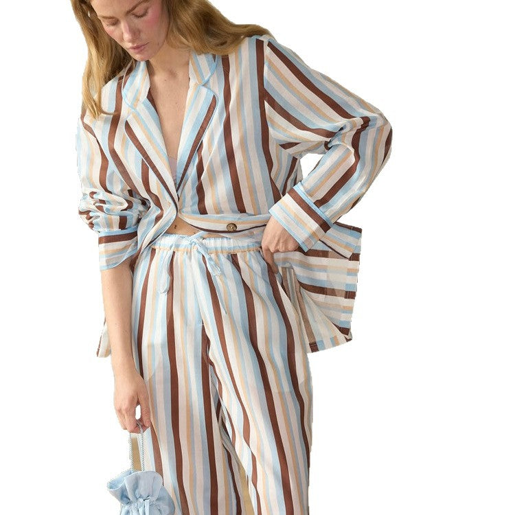 Women's Striped Lightweight Loungewear Set Made of Viscose with Cropped Shirt & Loose Drawstring Pants EVA-US