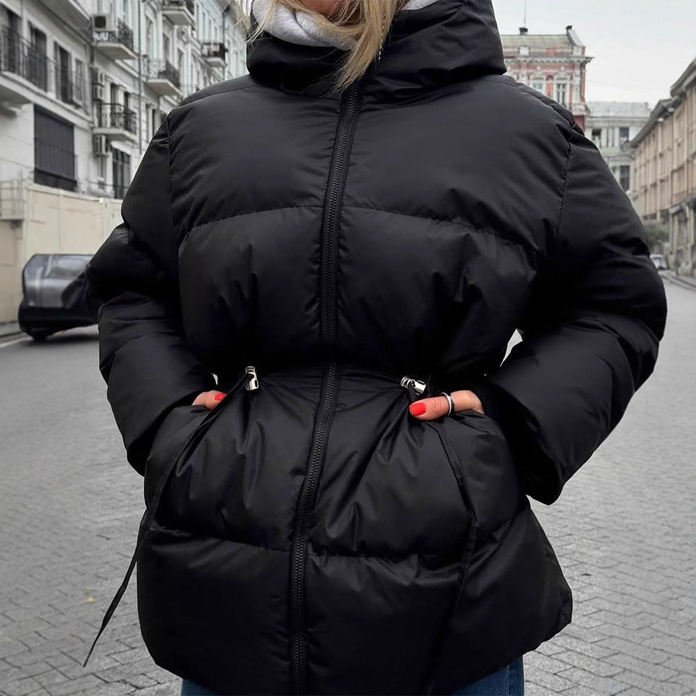 Women's Padded Fitted Quilted Jacket with Drawstring & High Standing Collar EVA-US
