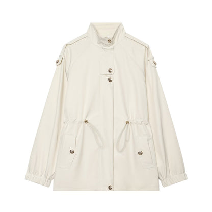 Women's lightweight parka with stand-up collar, drawstring waist, and shoulder patches EVA-US