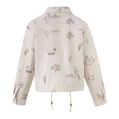 Women's Short Floral Linen Blouson with Drawstring, Concealed Button Placket and Shirt Collar EVA-US