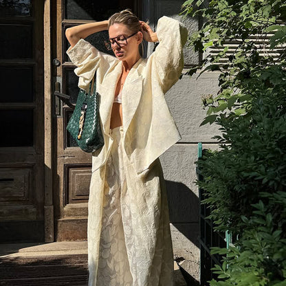 Women's Two-Piece Jacquard Pants Set with Oversize Boxy Blazer and High-Cut Palazzo Pants EVA-US