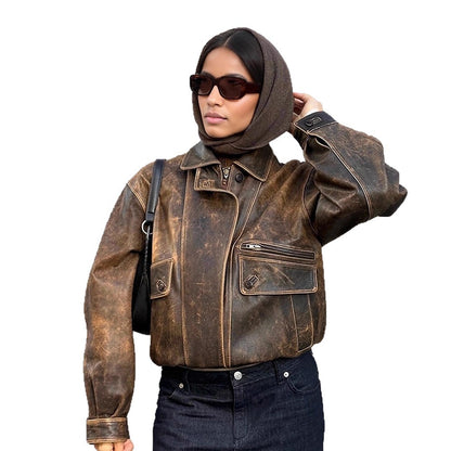 Women Vintage-Inspired Oversize Leather Bomber Jacket with Used Look EVA-US