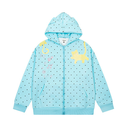 Women's hoodie sweatshirt jacket with cat ears, all-over polka dot and chenille cat applique EVA-US